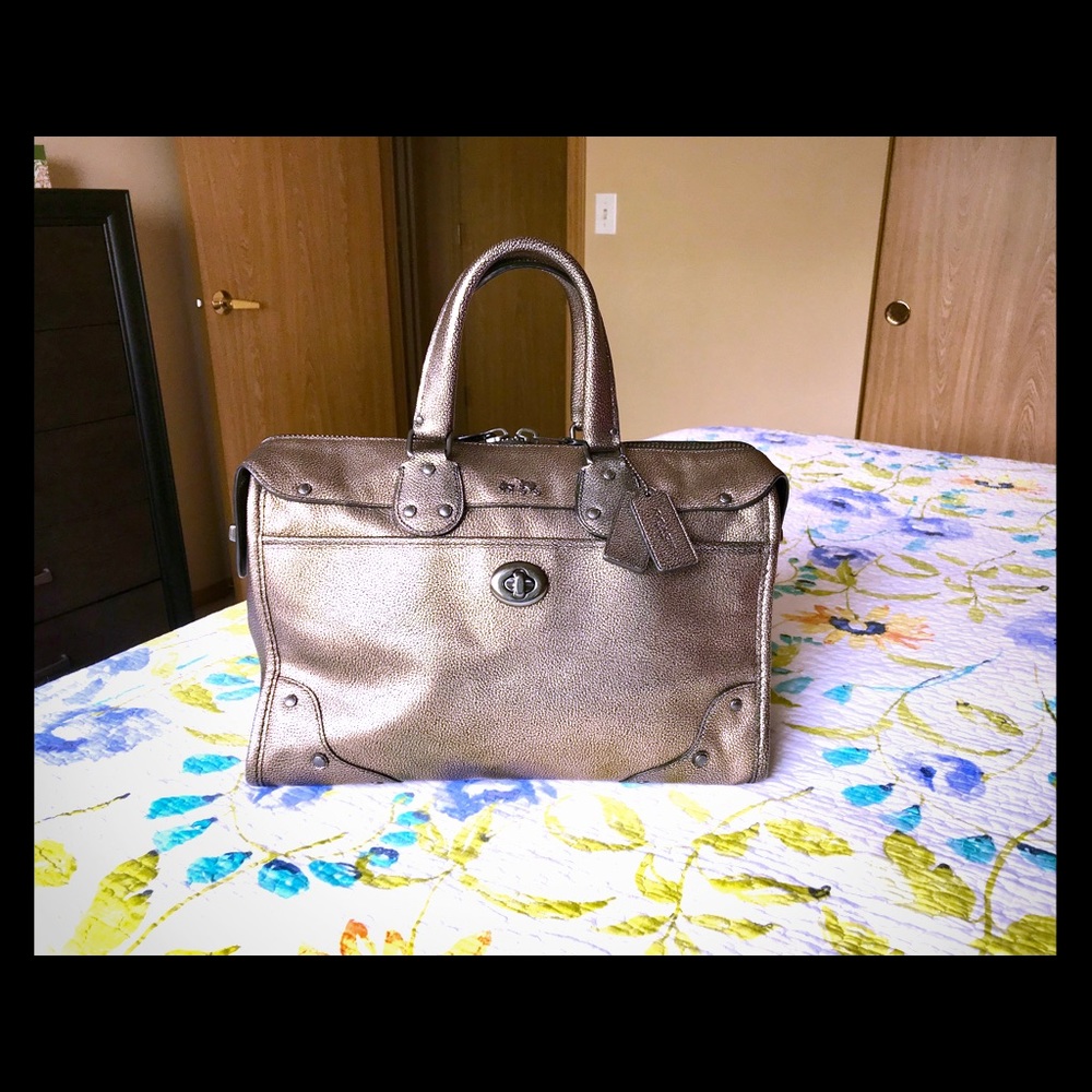 Coach Metallic Leather Rhyder Satchel - Brass - Gem